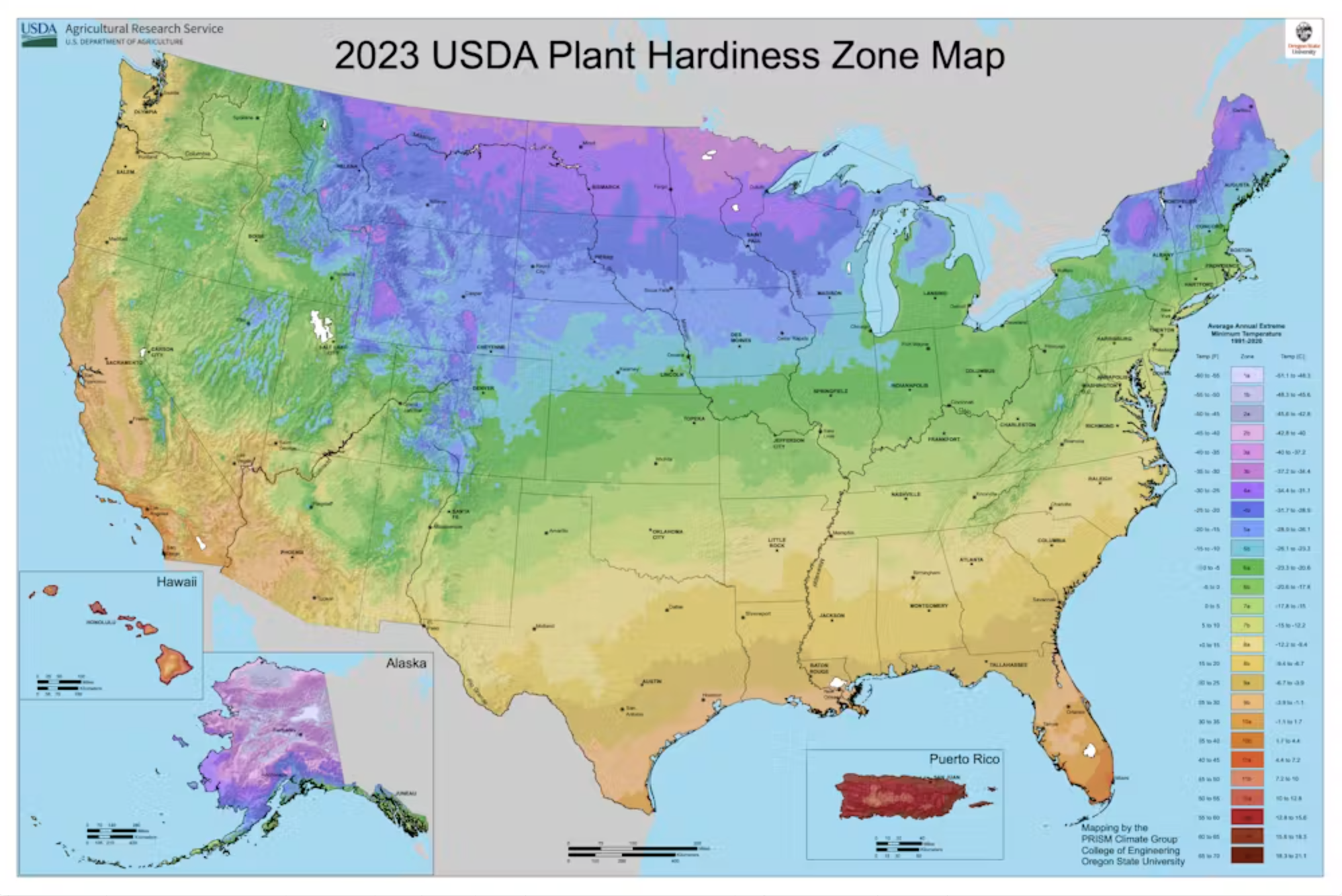The 2023 USDA plant hardiness zone map shows the areas where plants can be expected to grow, based on extreme winter temperatures. Darker shades (purple to blue) denote colder zones, phasing southward into temperate (green) and warm zones (yellow and orange). USDA
