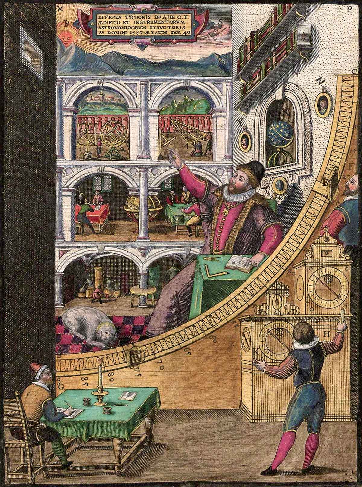 Hand-colored wood engraving of Tycho Brahe seated at the center of his observatory Uraniborg on the island of Hven. Source: Tycho Brahe, Astronomiae Instauratae Mechanica (Wandesburg, Germany, 1598) 