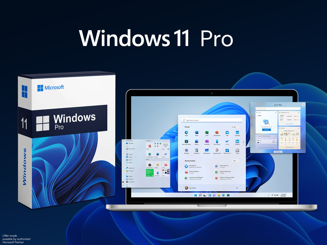 A laptop with Windows 11 Pro open on it. A Windows 11 Pro box is beside it.