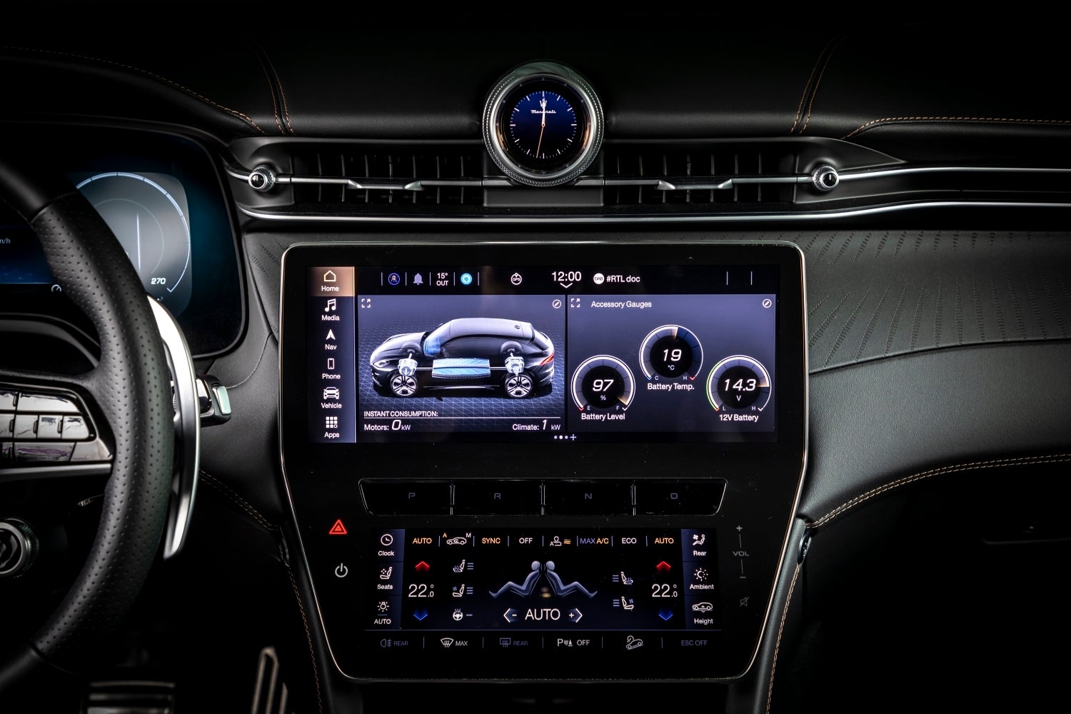 black infotainment system screen showing different settings and clock 