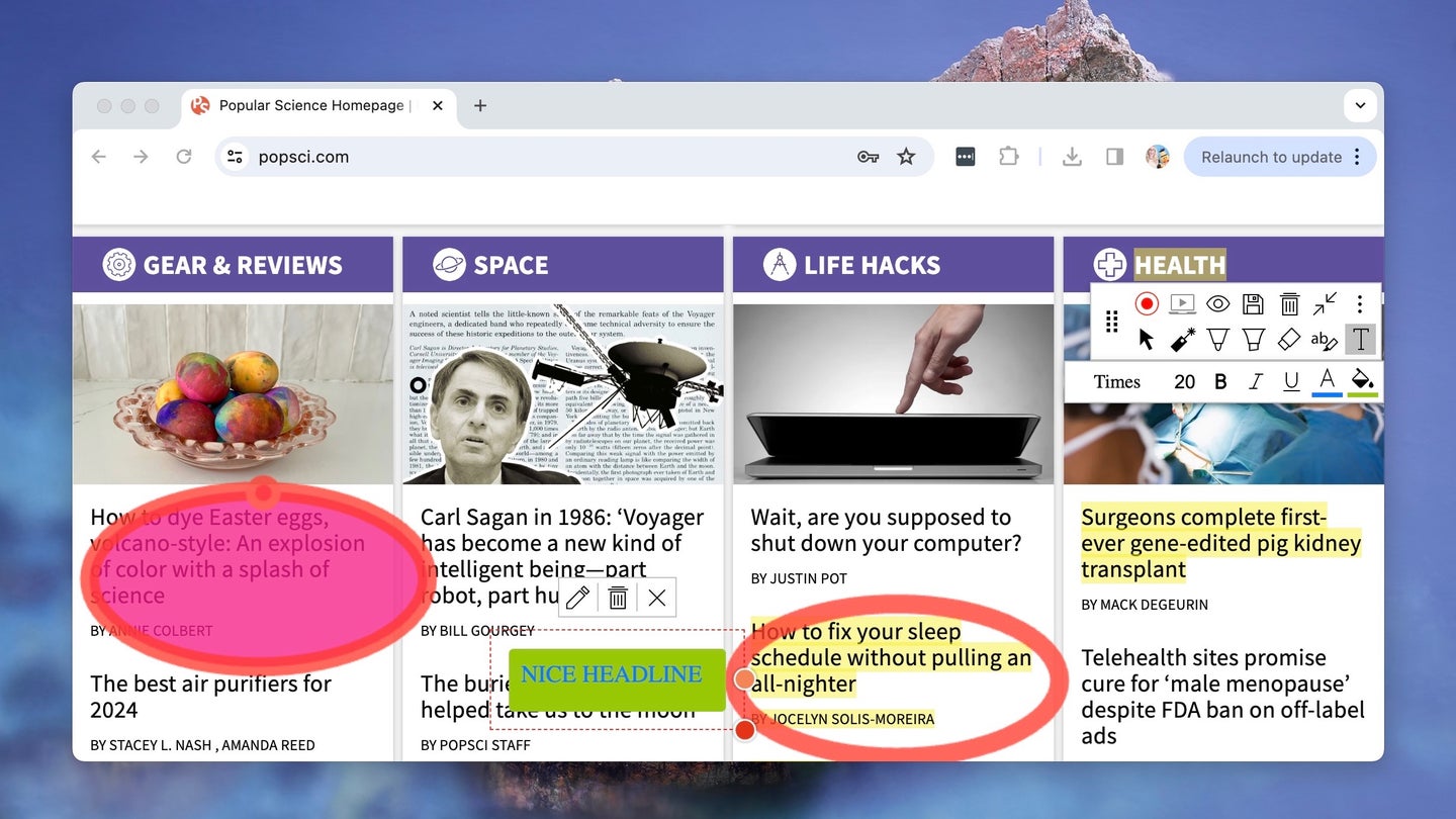 popular science homepage screenshot with headlines circled and highlighted