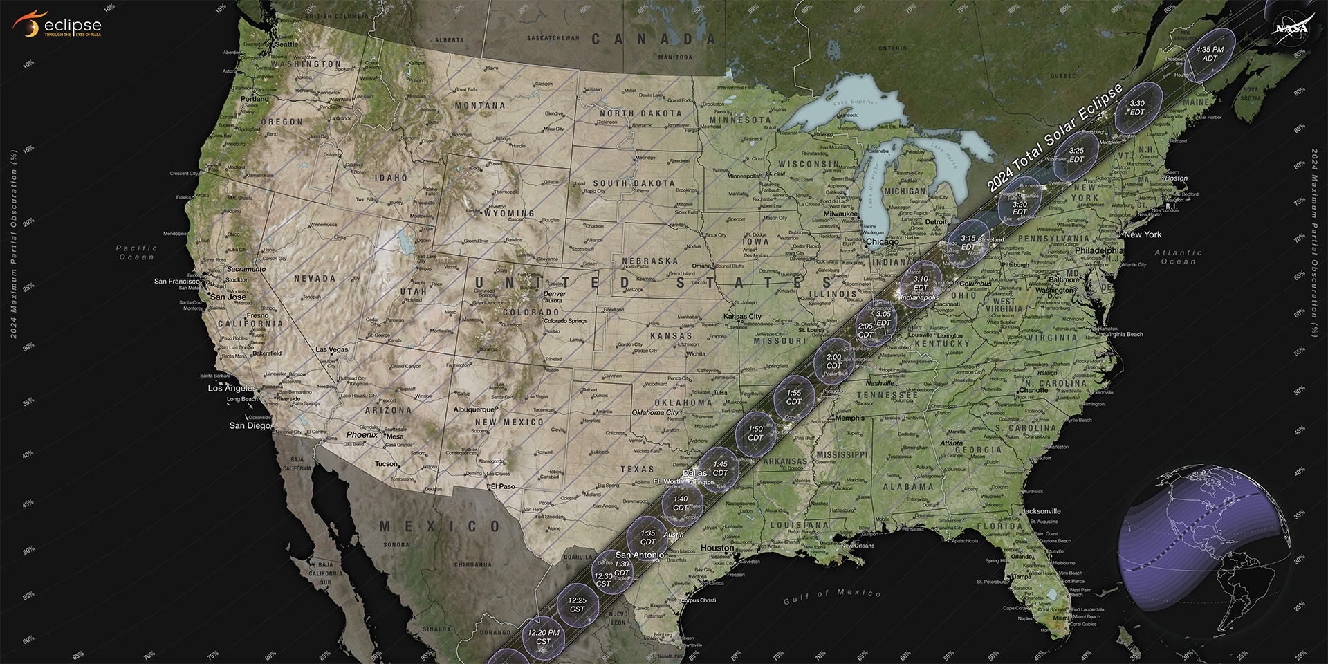 The path of totality and partial contours crossing the US for the 2024 total solar eclipse occurring on April 8, 2024. CREDIT: NASA.