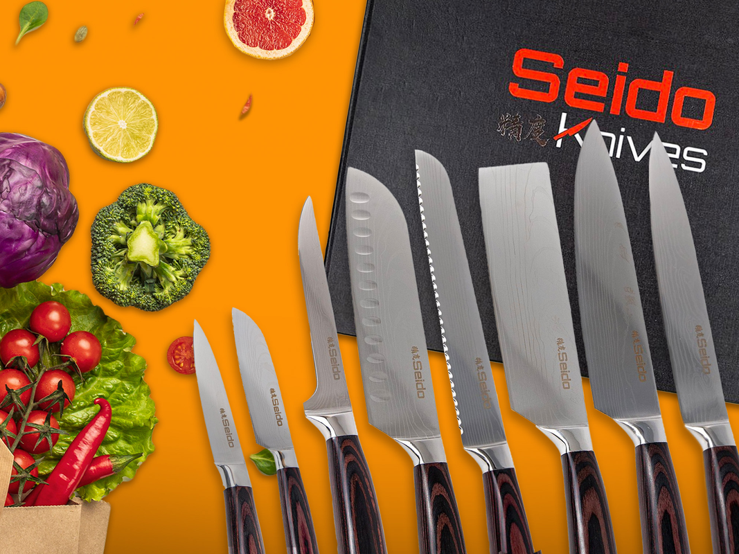 Seido Japanese kitchen knives on an orange background.