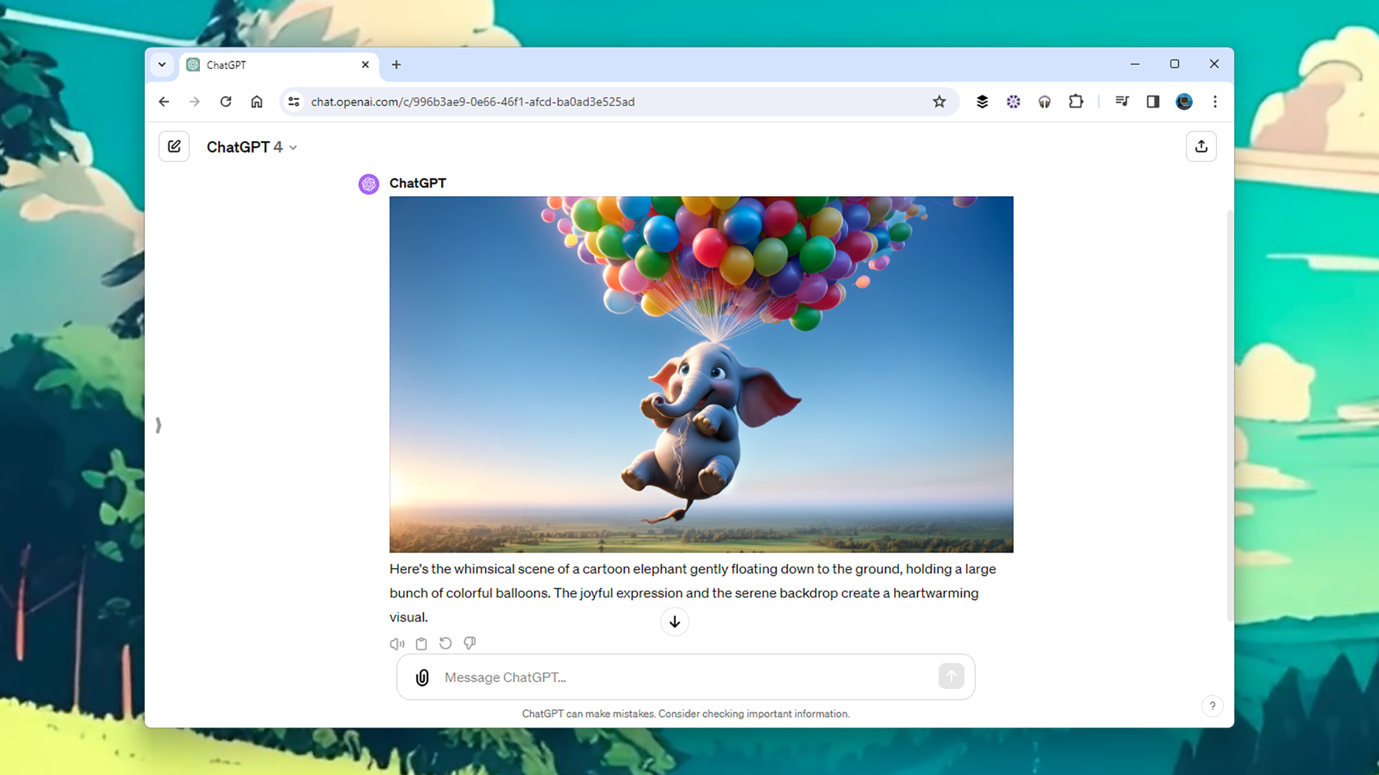 chatgpt screenshot of a cartoon elephant floating under balloons