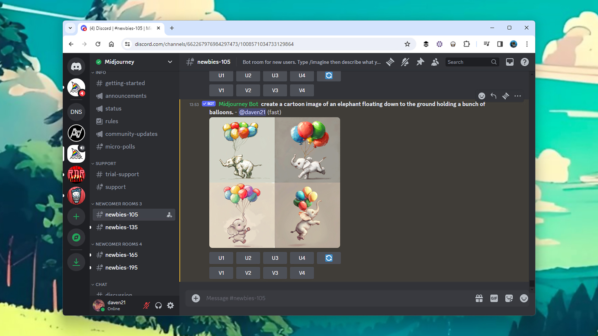 Discord screenshot showing elephants holding balloons