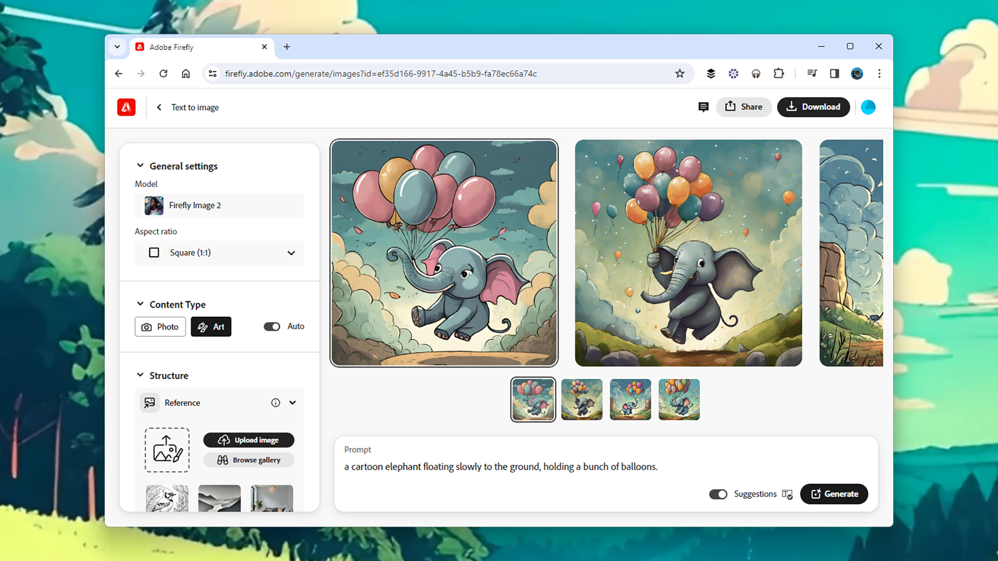 screenshot of adobe firefly with two cartoon elephants holding balloons