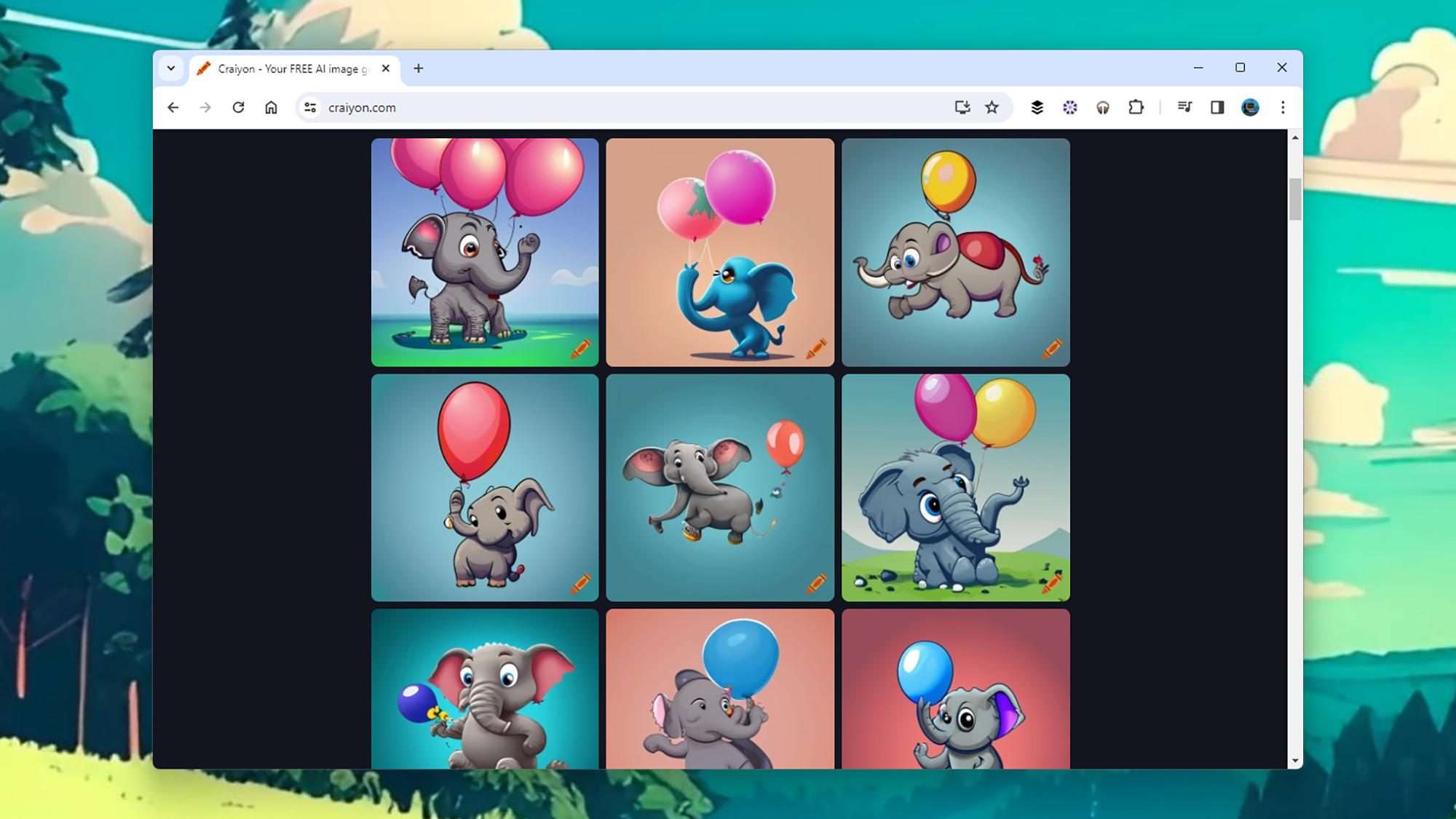 AI art generator Craiyon screenshot of nine different elephants