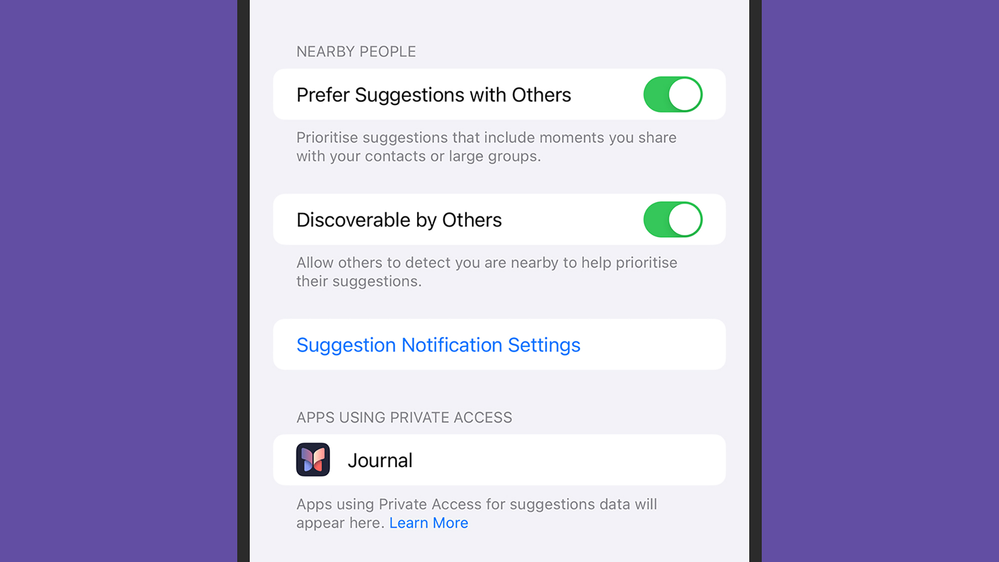 screenshot of iphone with privacy settings open for Journal app. 