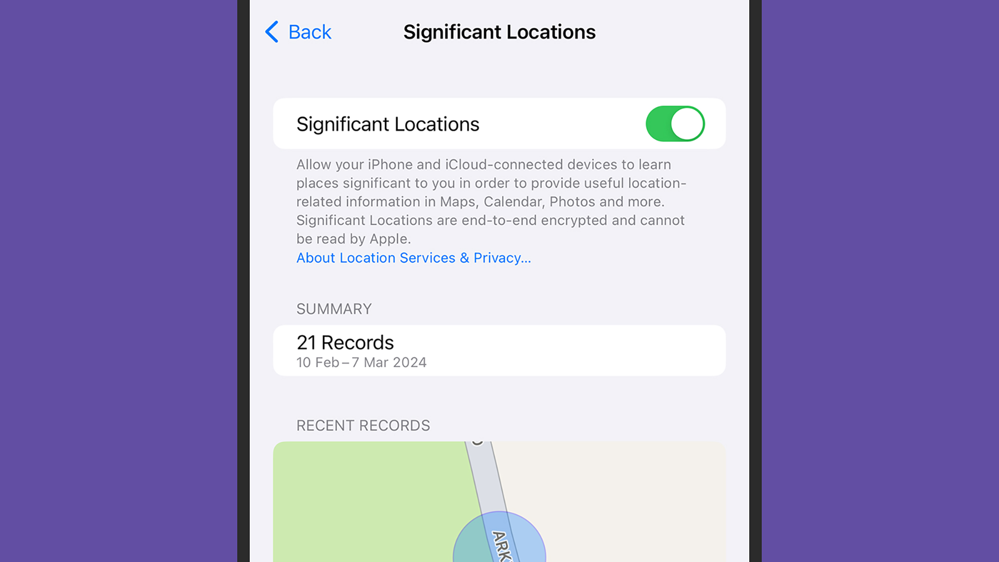 screenshot of iphone with 'significant locations' toggled on