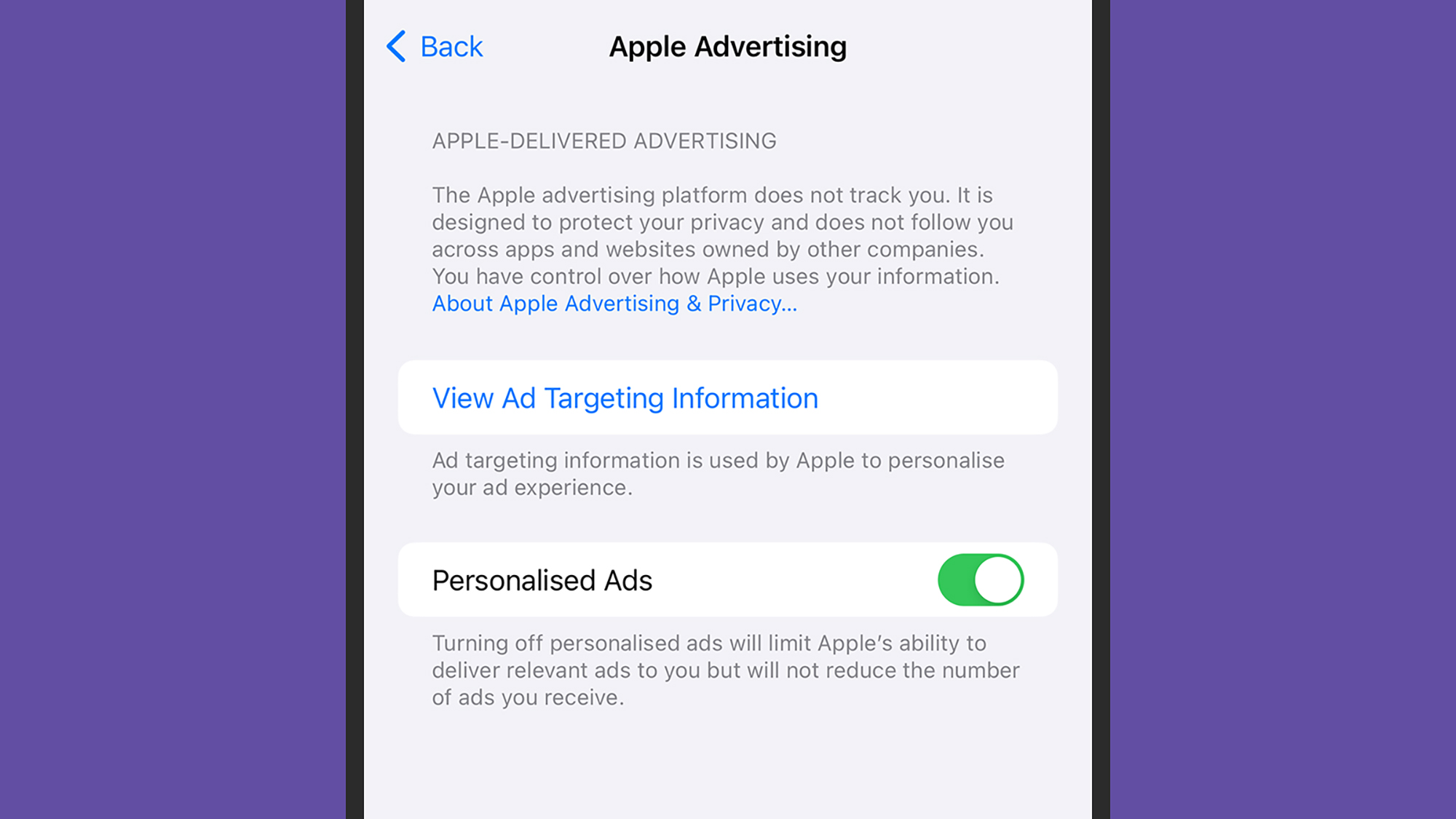 screenshot of iphone with personalized ads toggled on