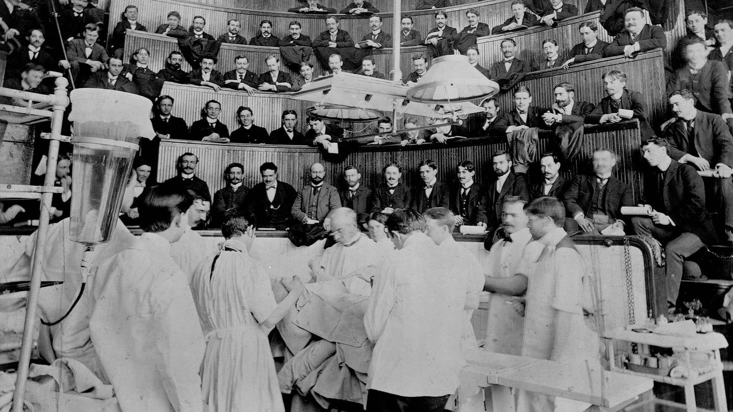 Doctors perform surgery in an operating amphitheatre at Bellevue Hospital in New York City. 