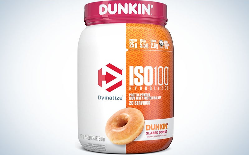 Dunkin Donuts-flavored protein powder on a plain background