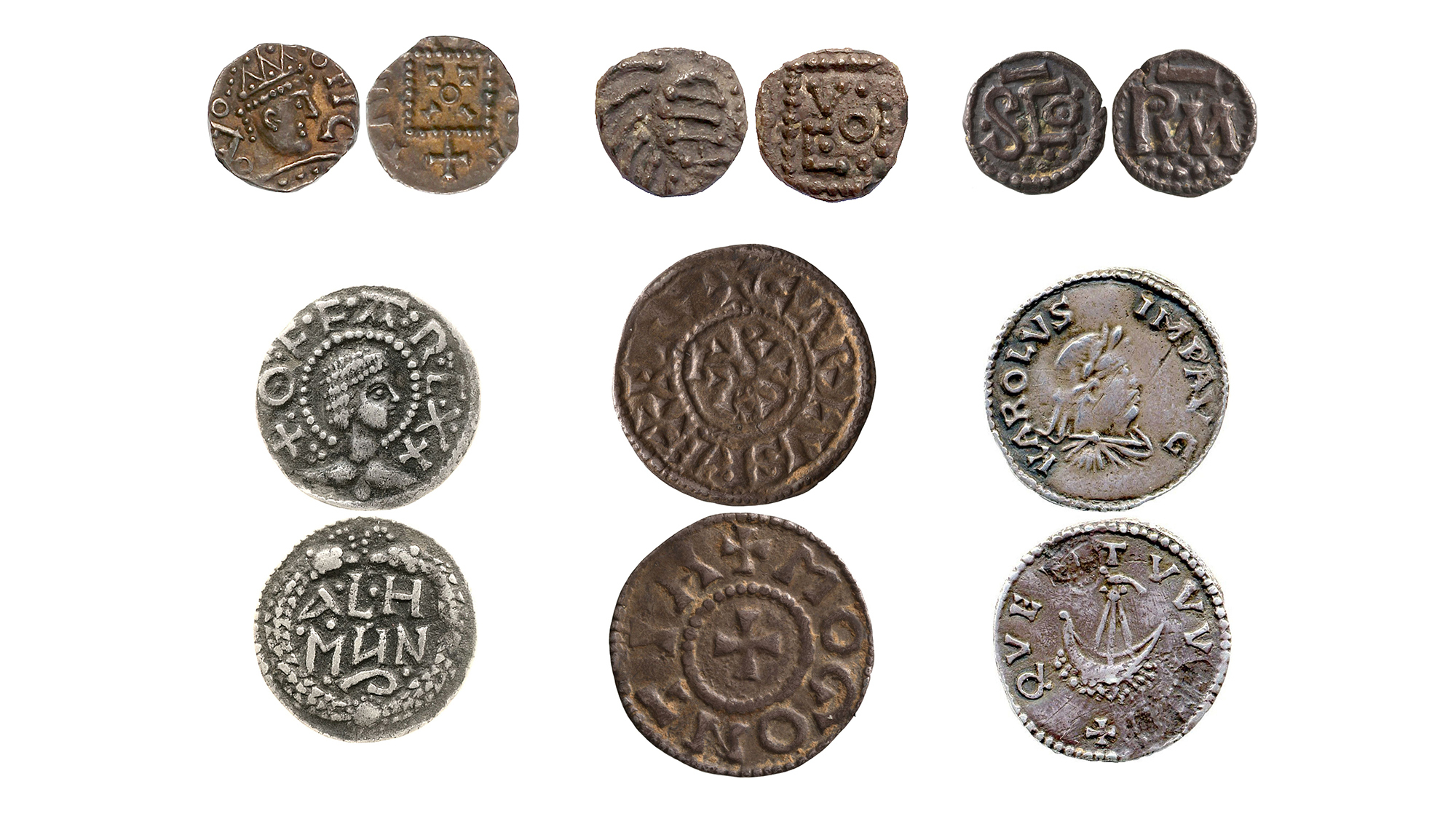 several grey and brown coins dating back from 650 to 670 CE