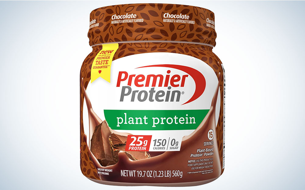 Premier plant-based protein powder in its package on a plain background