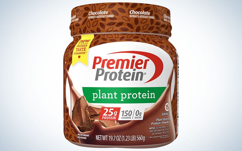 Premier plant-based protein powder in its package on a plain background