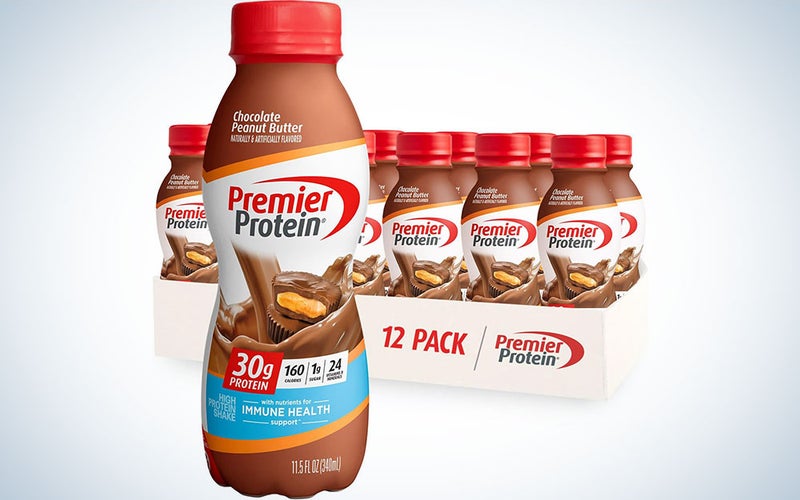 A case of Premier Protein shakes on a plain background