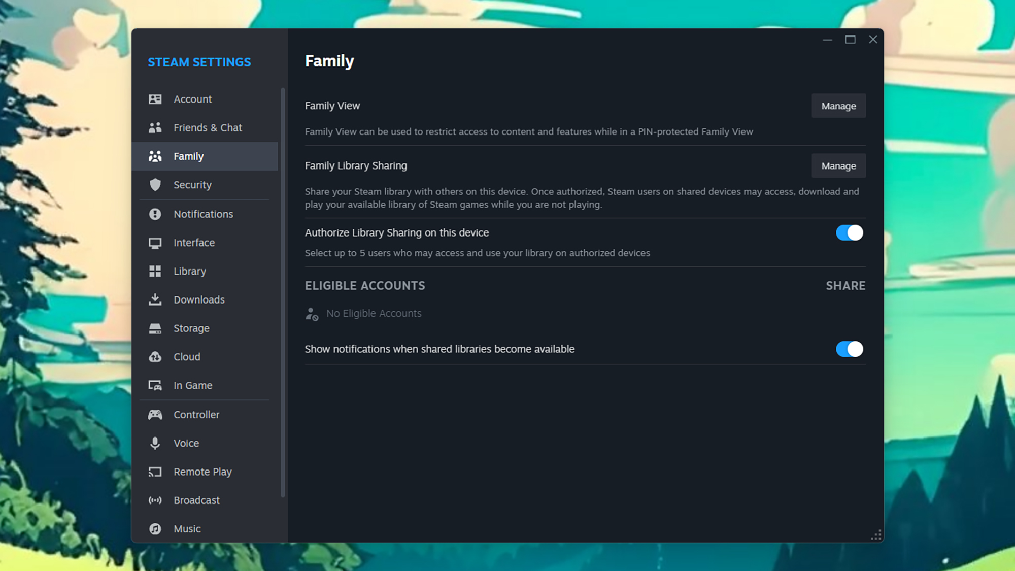 screenshot of steam's family settings page