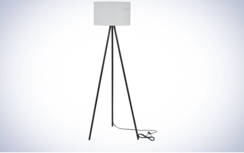 Ebern Designs 61.5 Inch Mid-Century Modern Tripod Floor Lamp on a plain white background.