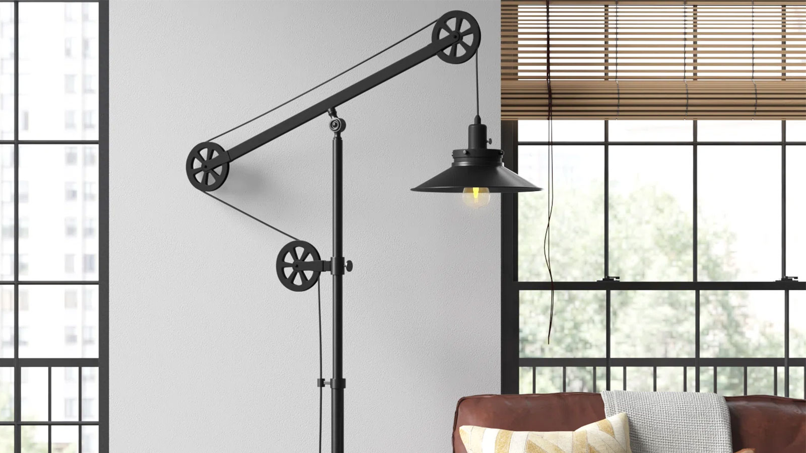 One of the best floor lamps in a room with windows. The lamp is on.