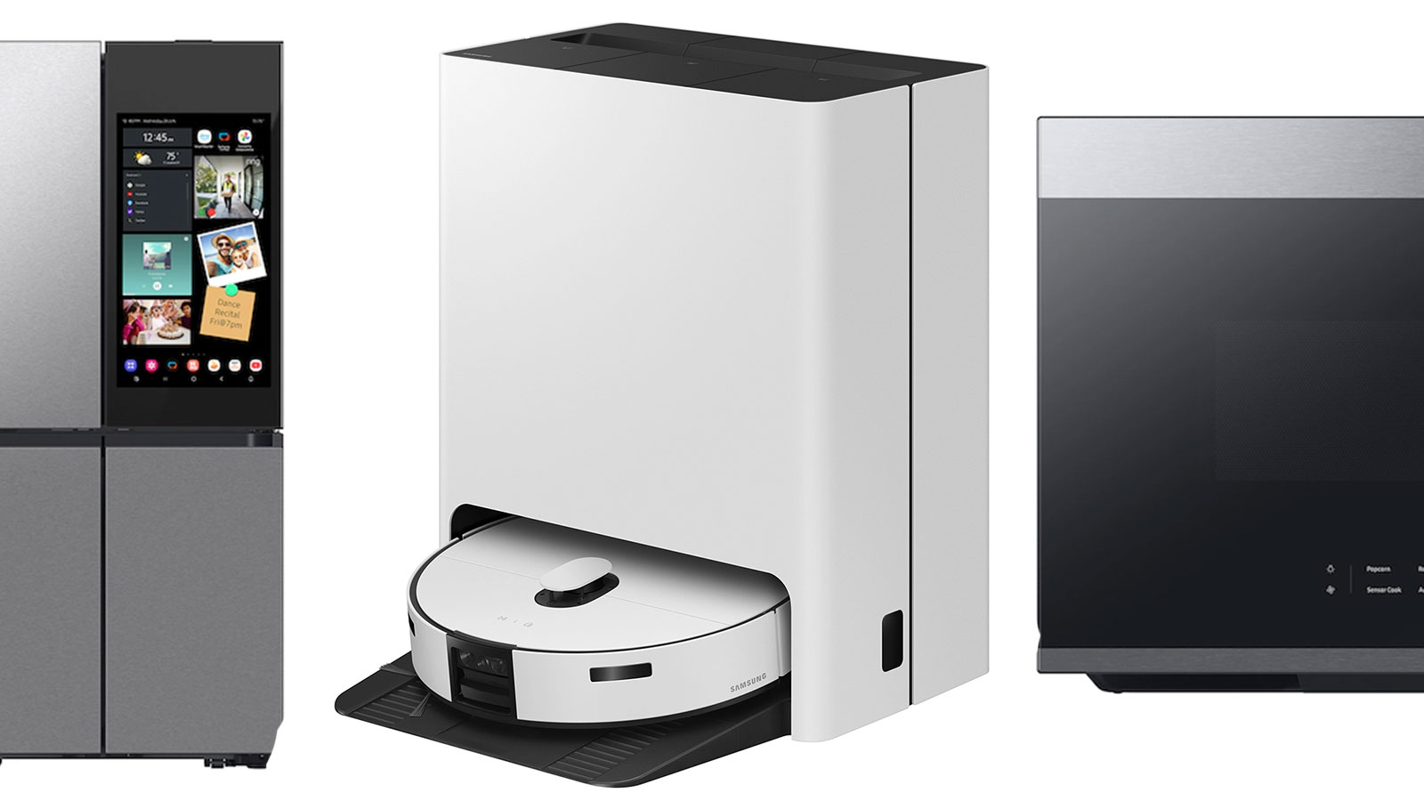 A samsung fridge, robot vacuum, and microwave on a plain background.