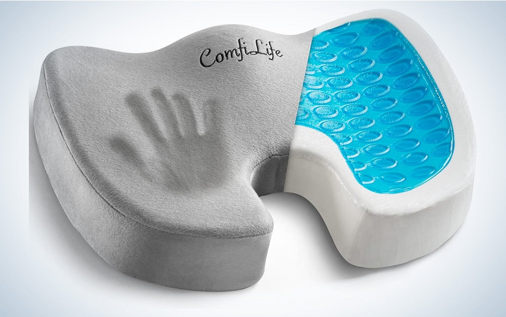 ComfiLife contoured seat cushion cross-section showing grey exterior and blue interior gel