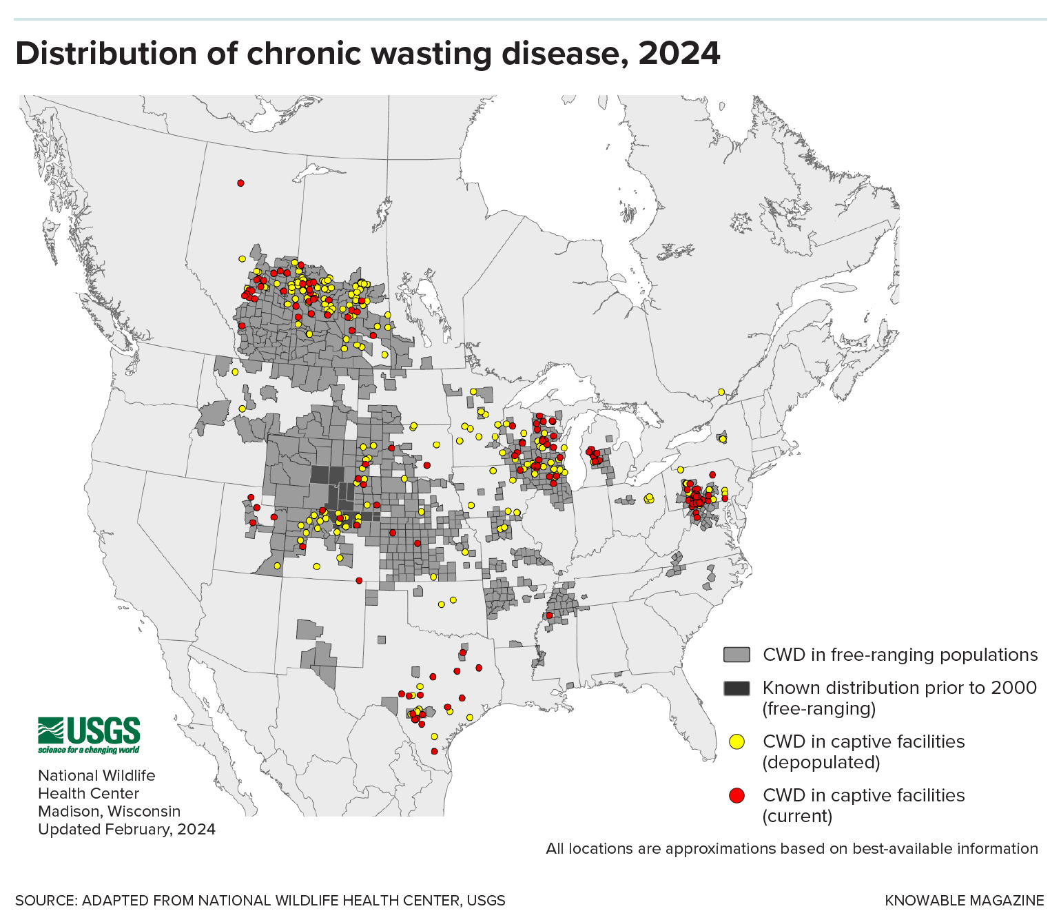 Once restricted to a handful of counties in Colorado and Wyoming, chronic wasting disease has spread to 32 states and several Canadian provinces, where it affects both wild and farmed deer populations. Credit: Knowable Magazine