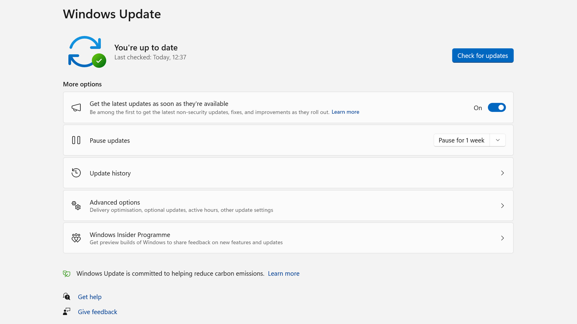 screenshot of windows update menu