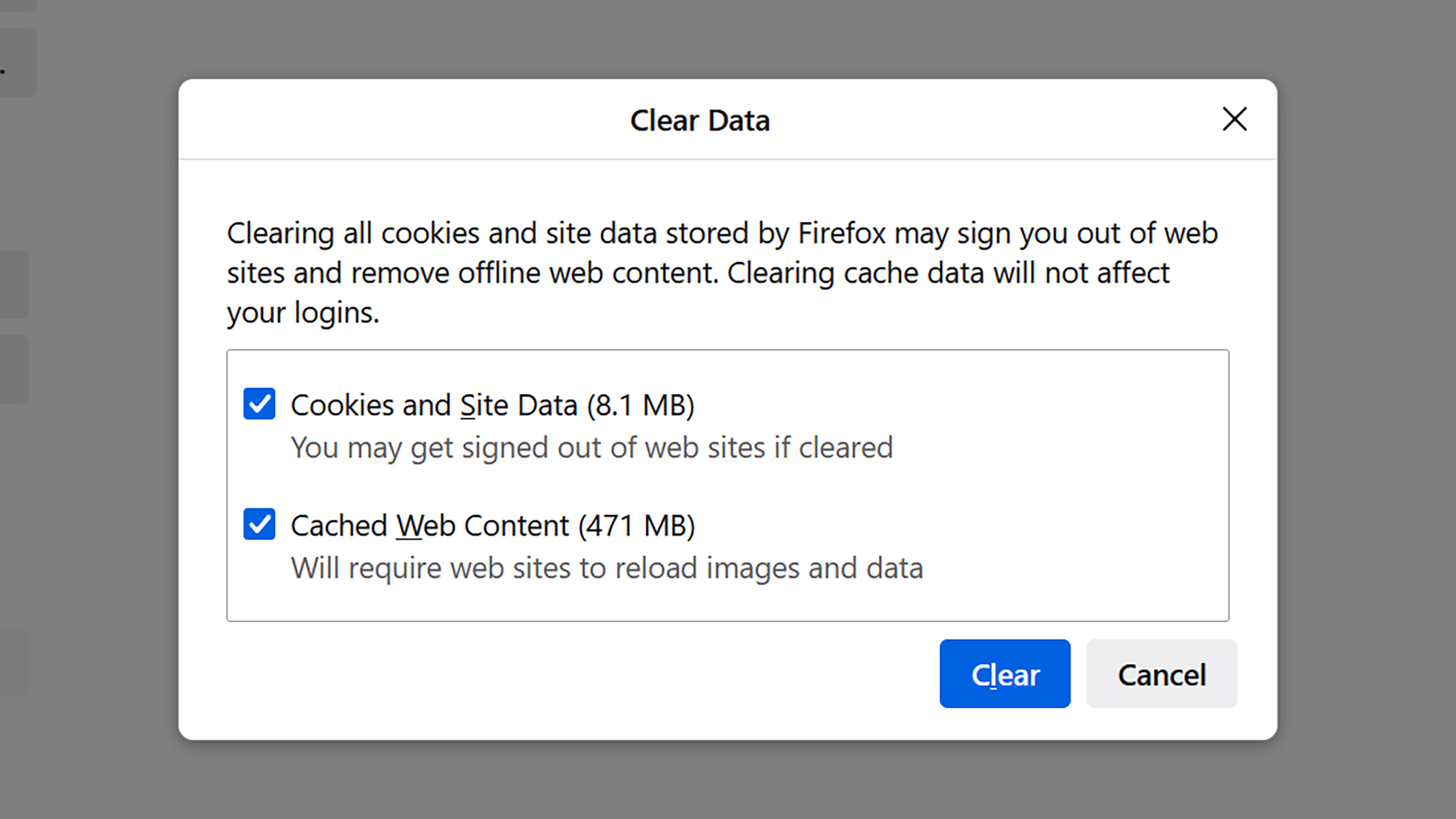 screenshot of firefox "clear data" options
