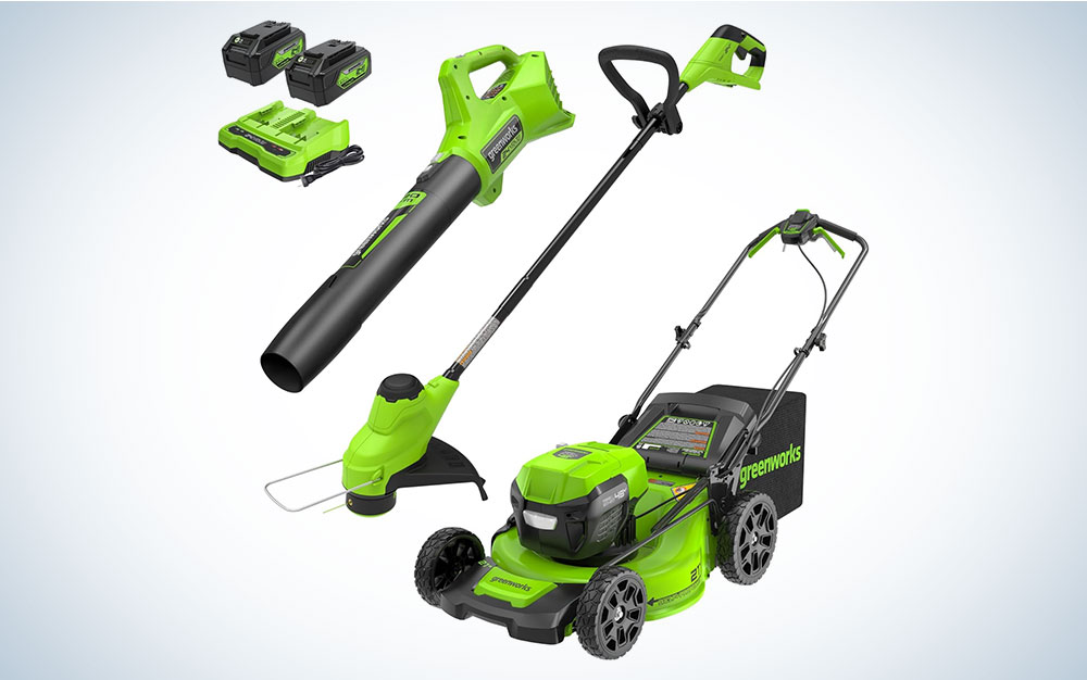 Greenworks electric lawn tool kit on a plain background