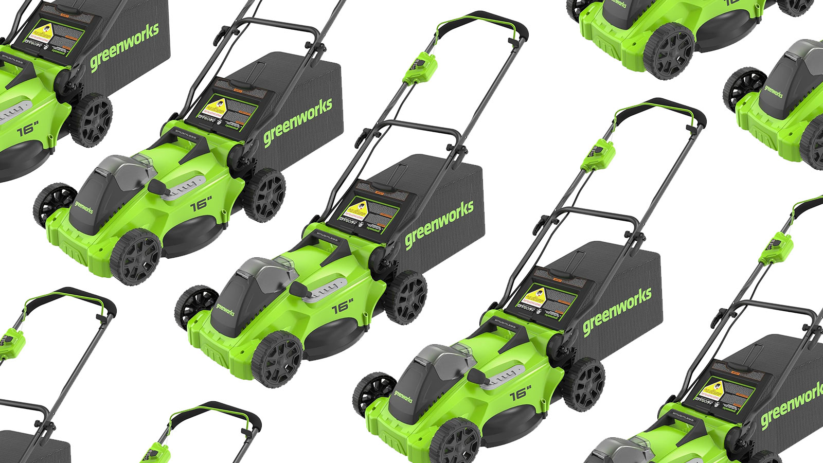 Greenworks lawnmowers arranged on a plain background