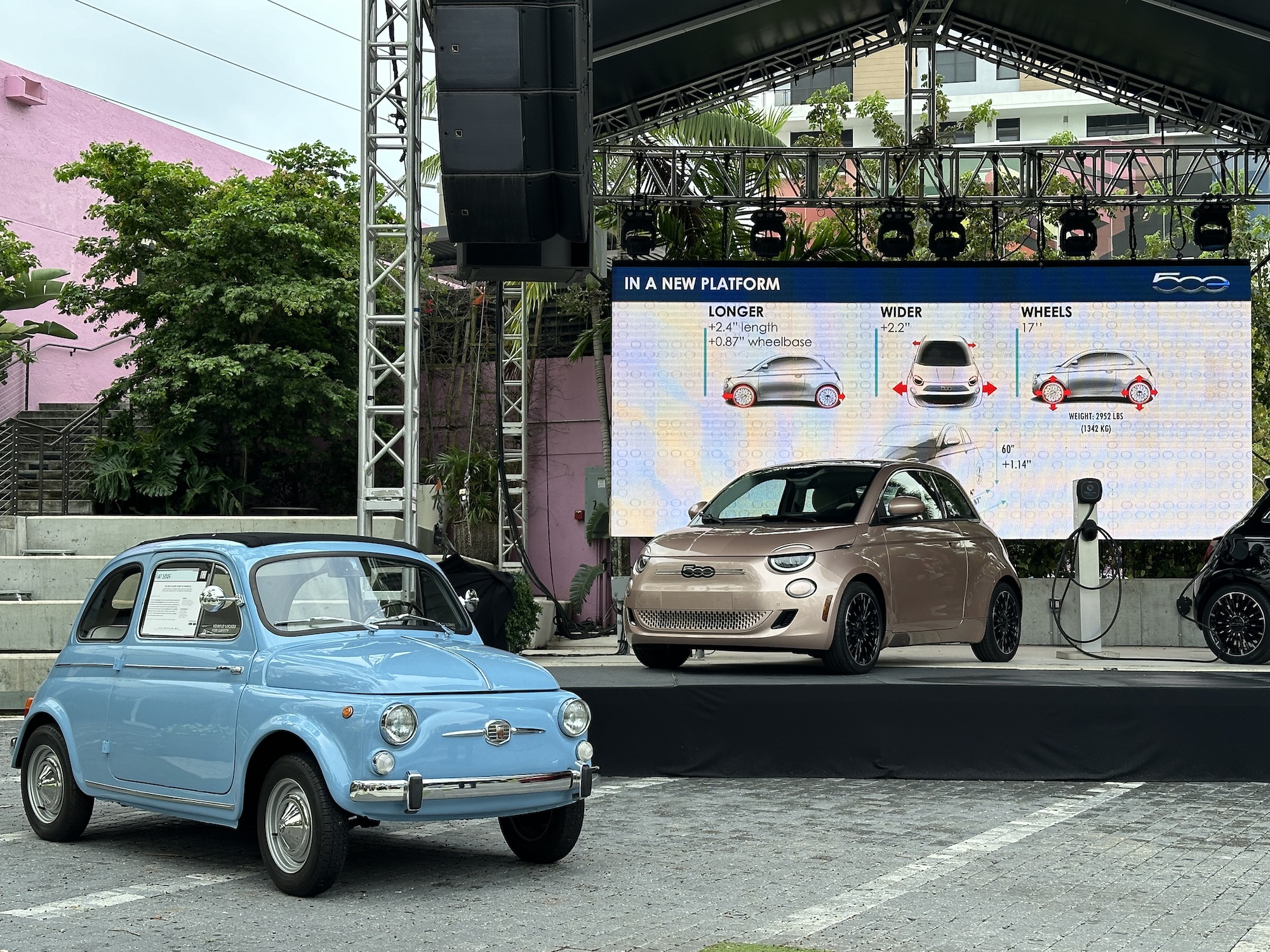 older blue fiat in front of a new golden brown fiat on a stage