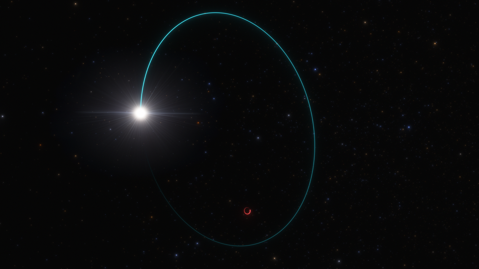 an illustration of a black hole with a companion star. the star is bright with a blue line indicating where the black hole is.