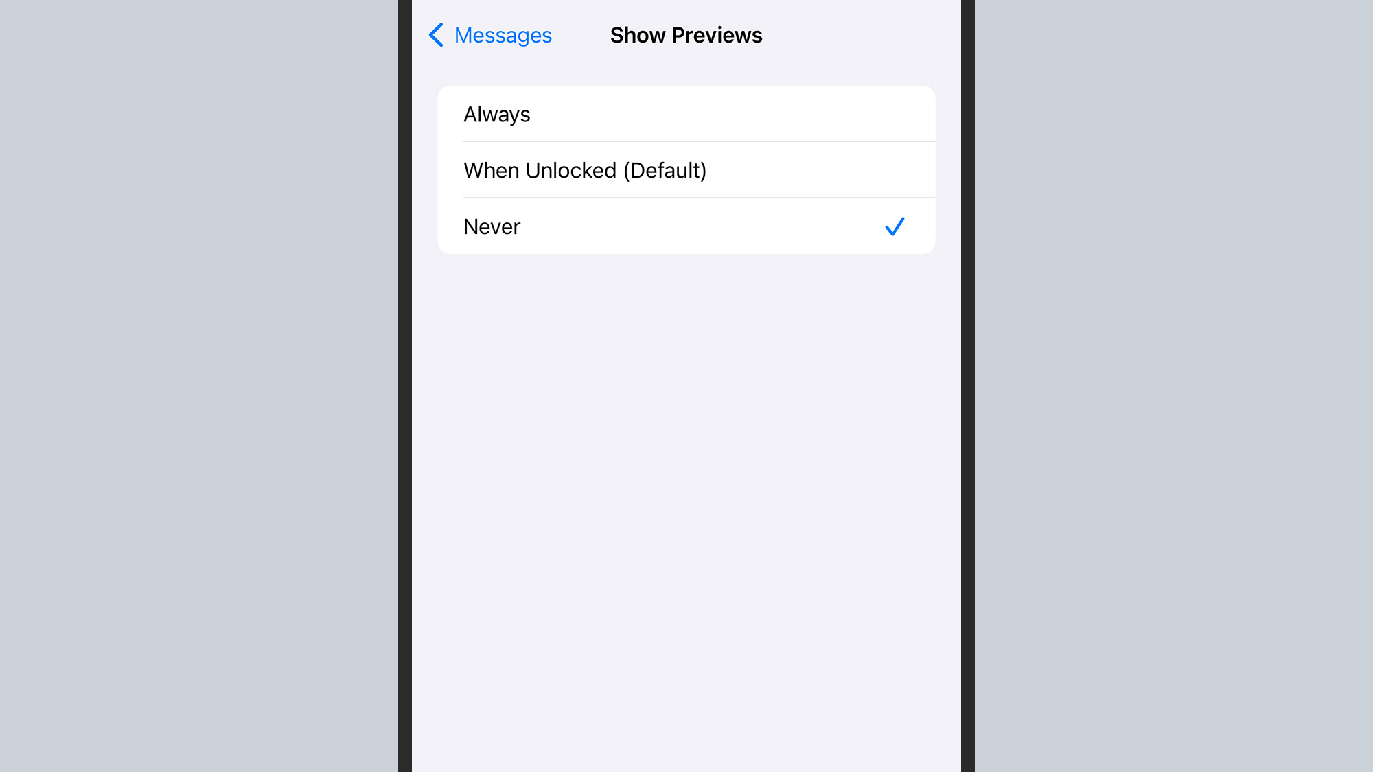 screenshot of an iphone's "show previews" option with "never" selected