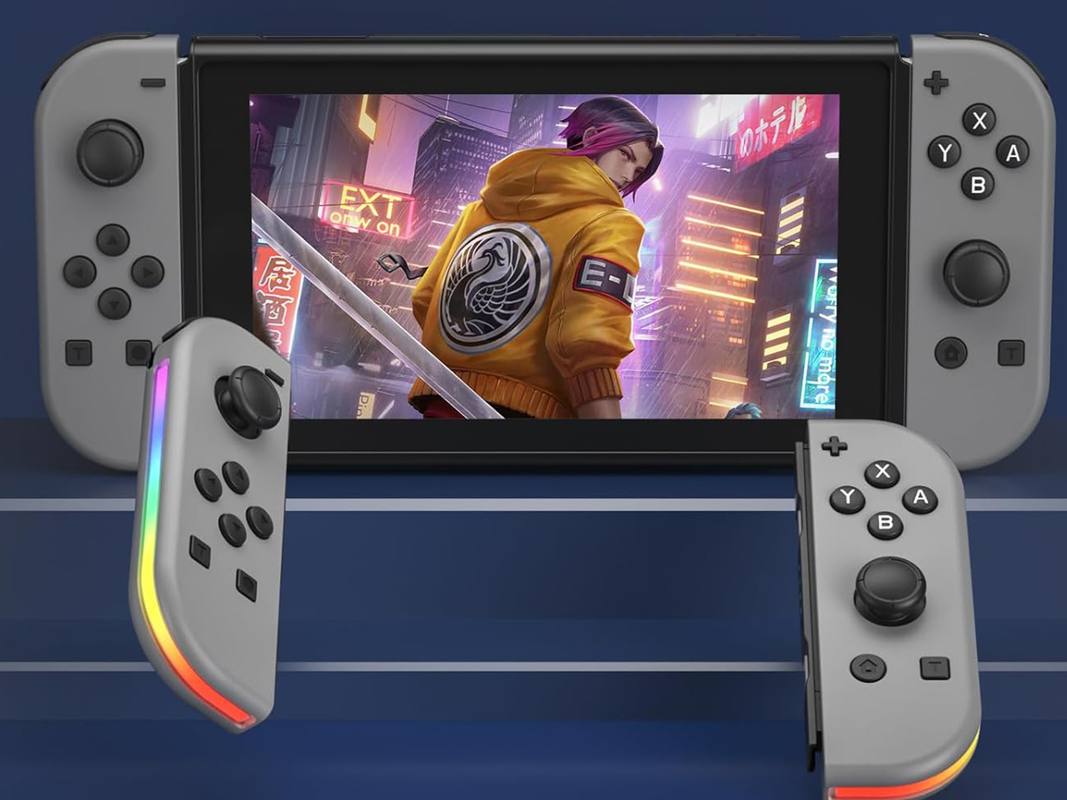 A Nintendo Switch on a blue background with RGB controller.