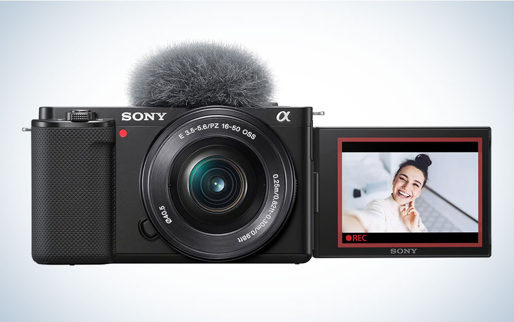 Sony ZV-E10 camera with the screen flipped around and a person's picture on the screen