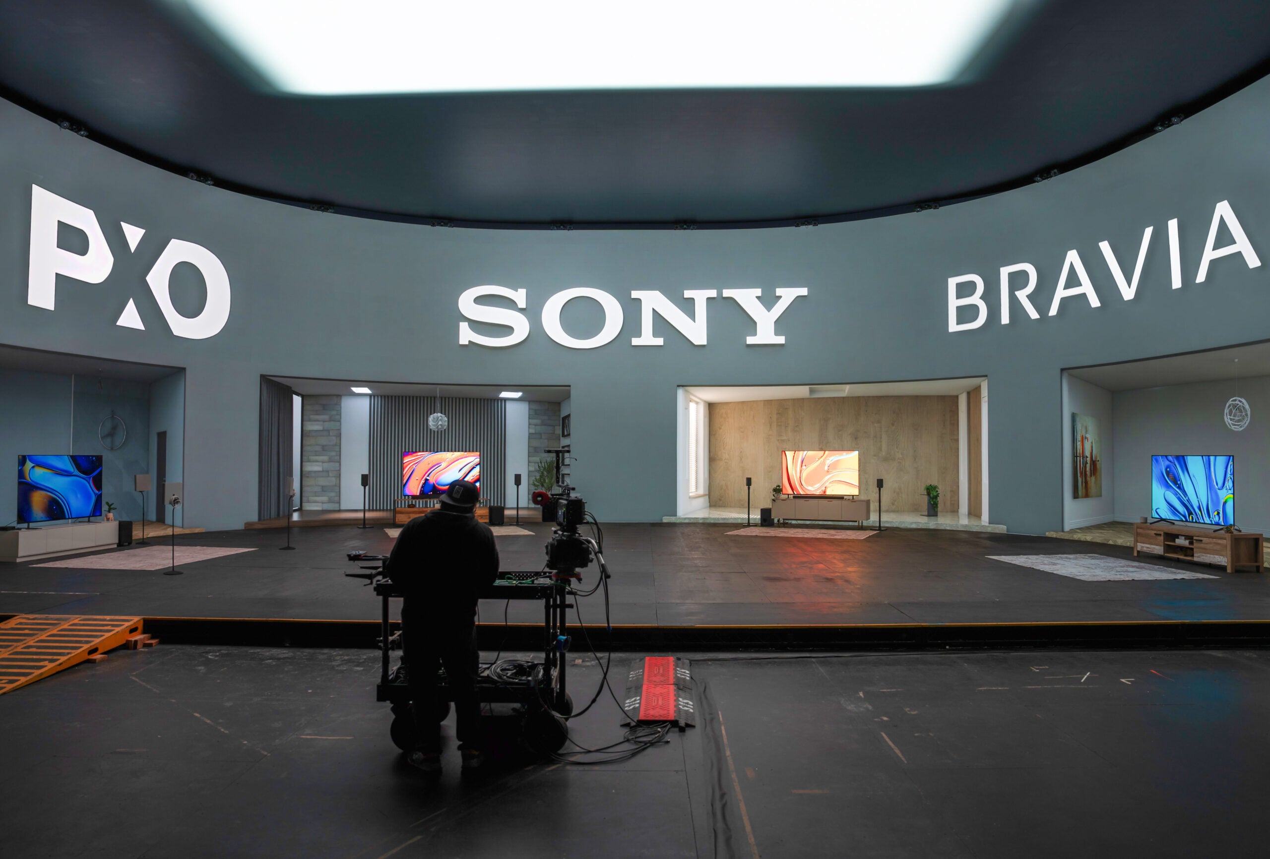 Sony's new televisions staged in a large indoor room.