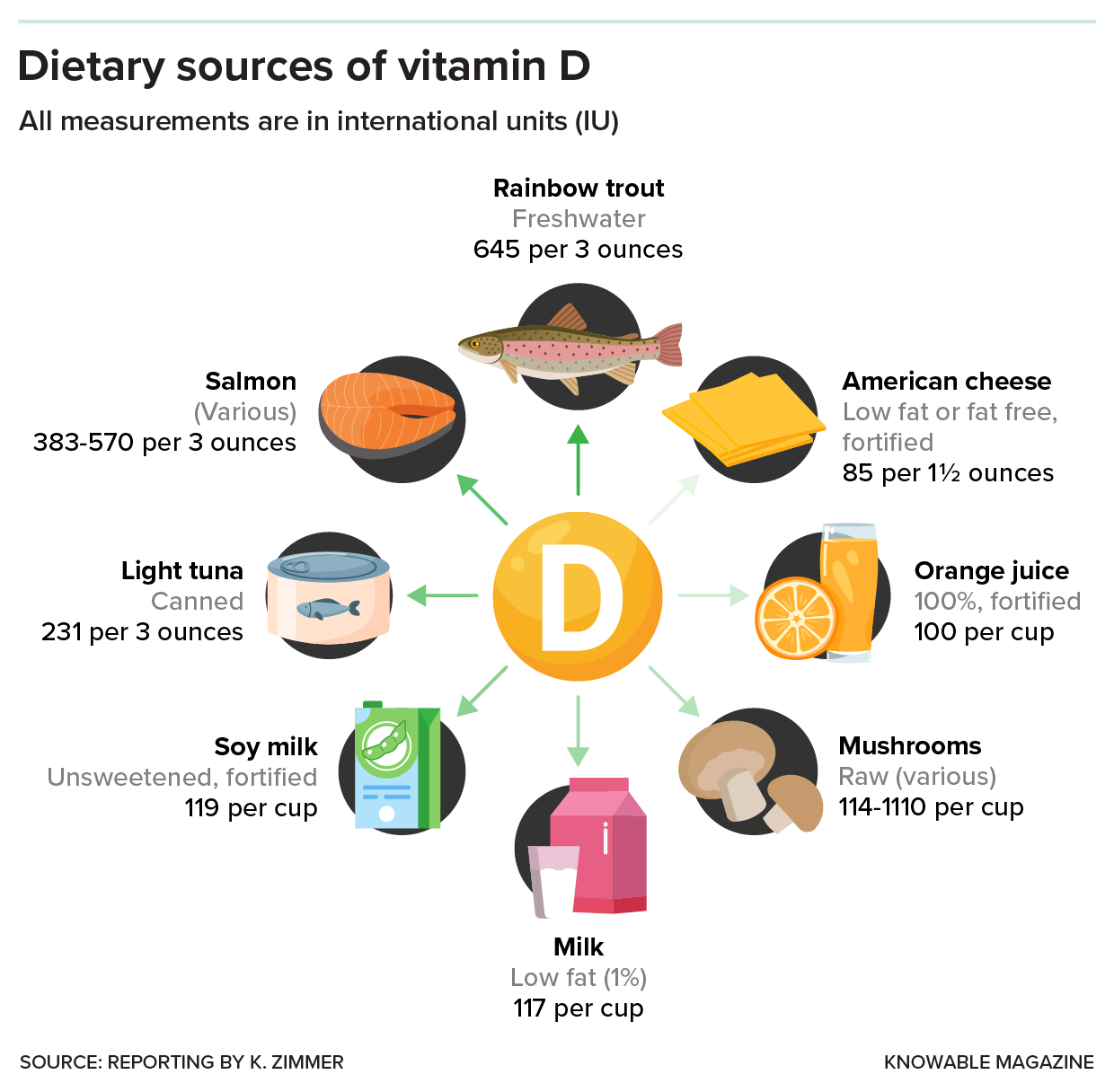A few common food items can deliver a significant portion of your daily vitamin D needs, either because they are naturally rich in it or because they are fortified with the vitamin. Credit: Knowable Magazine