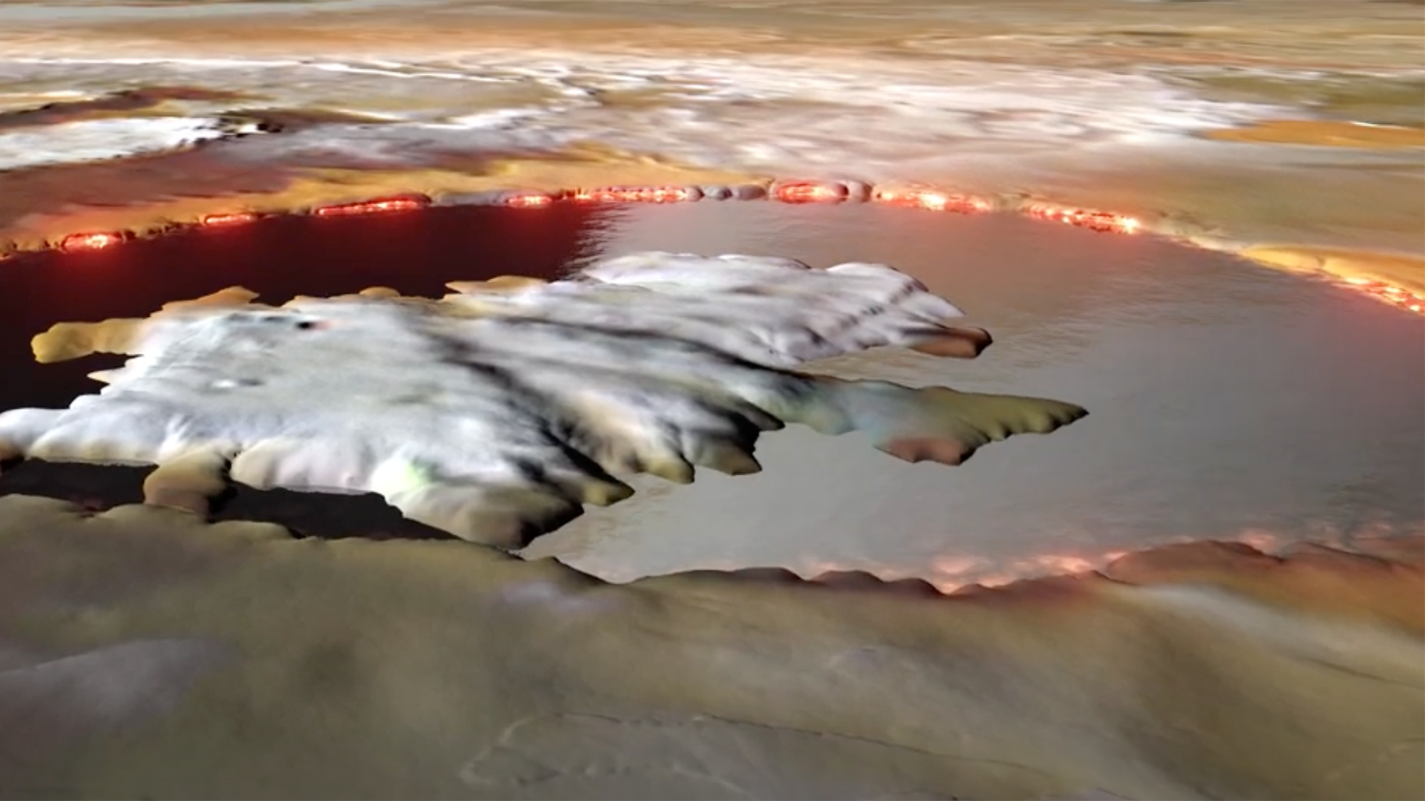 an artist's illustration of a lava lake on one of jupiter's moons. it is primarily black as the magma has cooled with orange lava encircling it