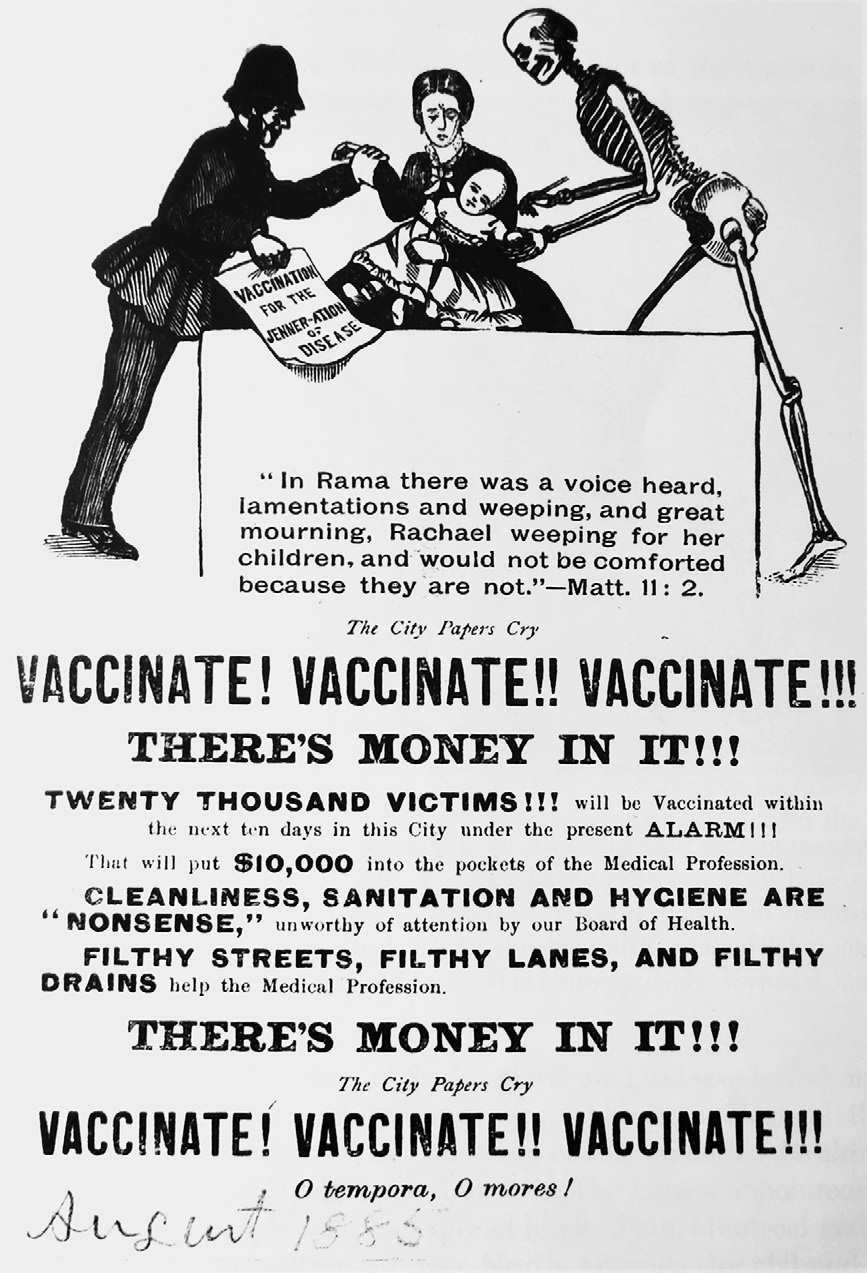 Antivaccination poster in 1885. Created by Alexander Milton Ross during the smallpox epidemic in Montreal, the text accuses medical doctors of profiting from smallpox vaccination and urges citizens to refuse it, while the image suggests that the smallpox vaccine is deadly. Source: Michael Bliss, “Plague: The Story of Smallpox in Montreal” (Toronto: HarperCollins, 1991).