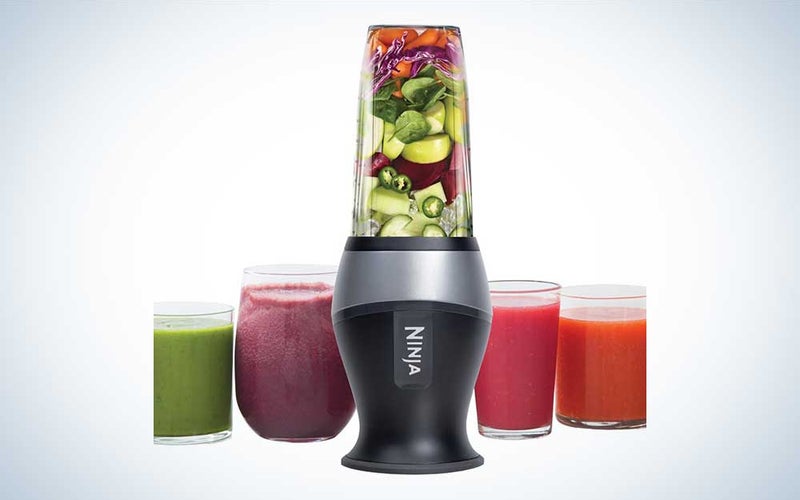 A Ninja Fit personal blender on a plain background