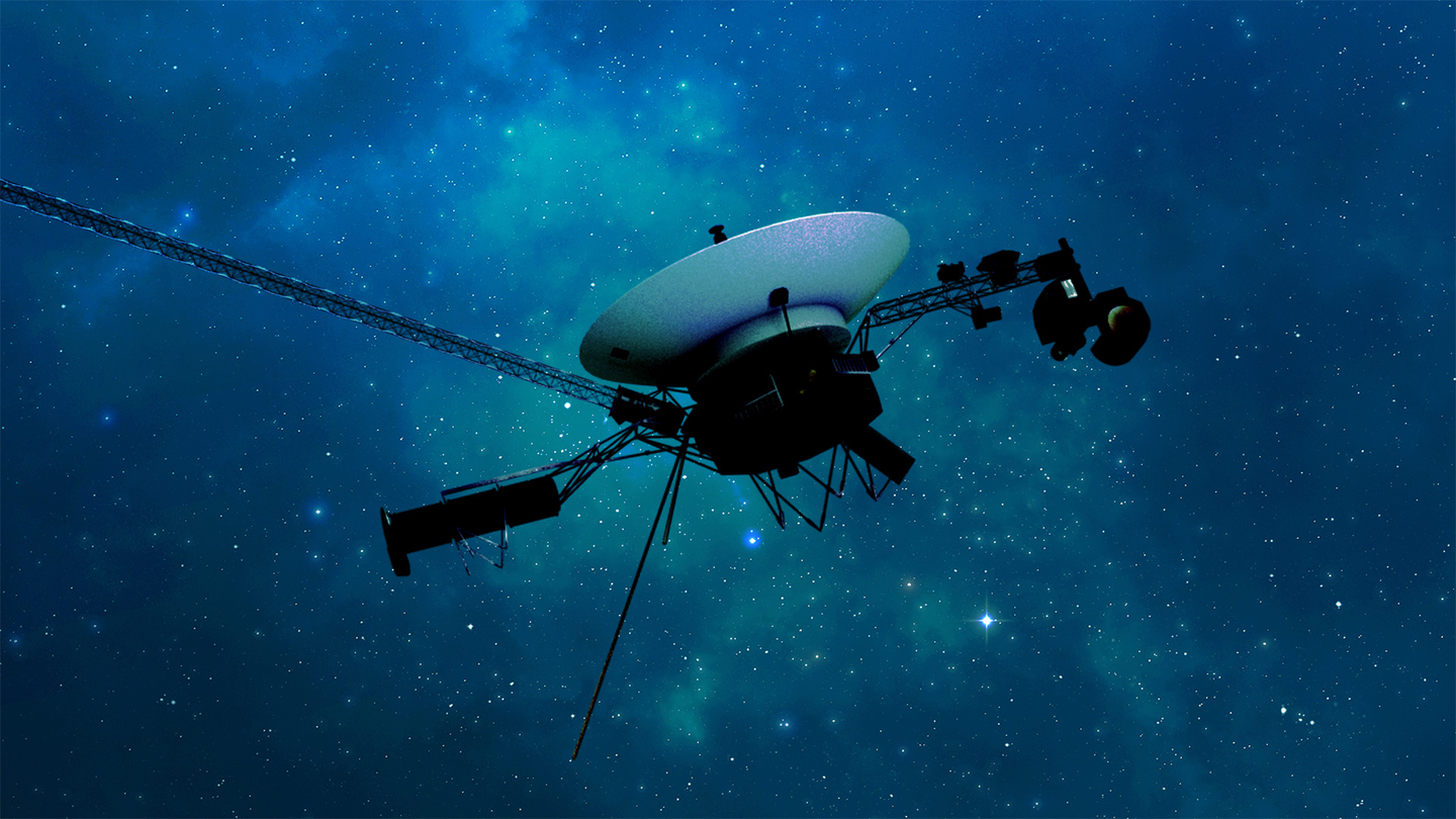 An artist’s concept of NASA’s Voyager 1 traveling through interstellar space–or the space between stars.