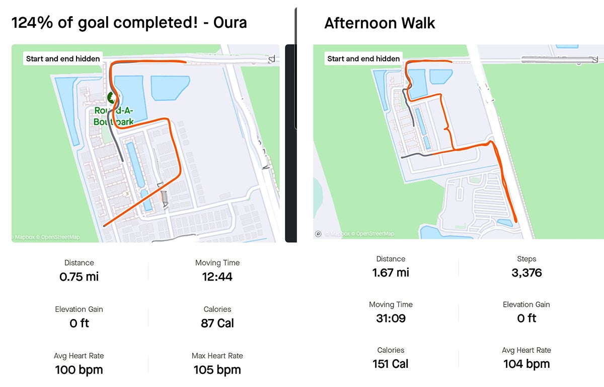 A comparison between the Oura Ring's GPS (left) and data recorded with my Garmin Lily 2 on the same walk.