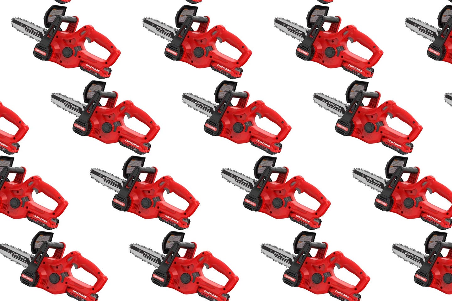 Red mini Craftsman chainsaws in a pattern on a plain background