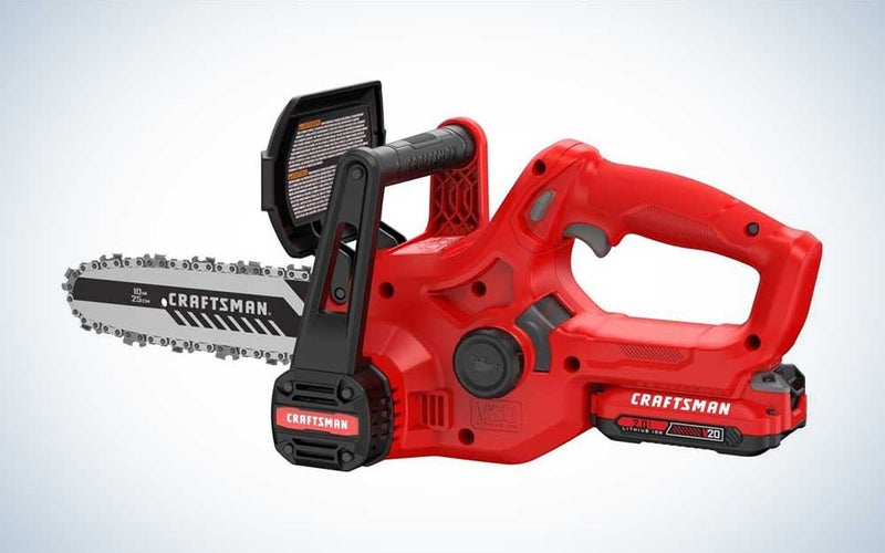 A red Craftsman V20 mini chainsaw on a plain background