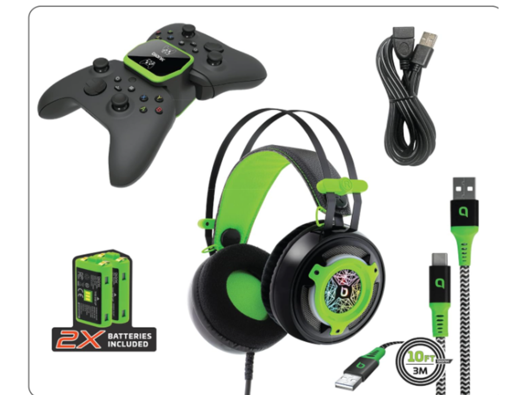 Green and black Xbox gaming accessories on a white.