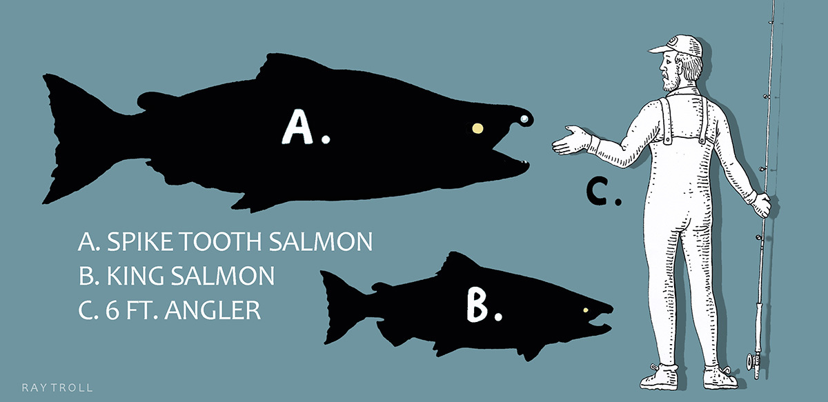 a size comparison of a spike-toothed salmon that could reach lengths of 20 feet, compared to a king salmon, and 6 foot tall man