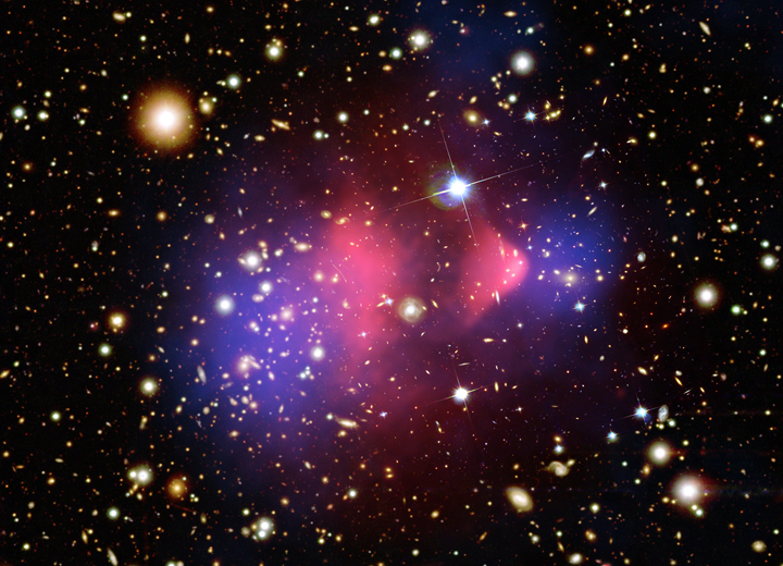 This composite image shows the galaxy cluster 1E 0657-56, also known as the "bullet cluster." This cluster was formed after the collision of two large clusters of galaxies, the most energetic event known in the universe since the Big Bang. 
