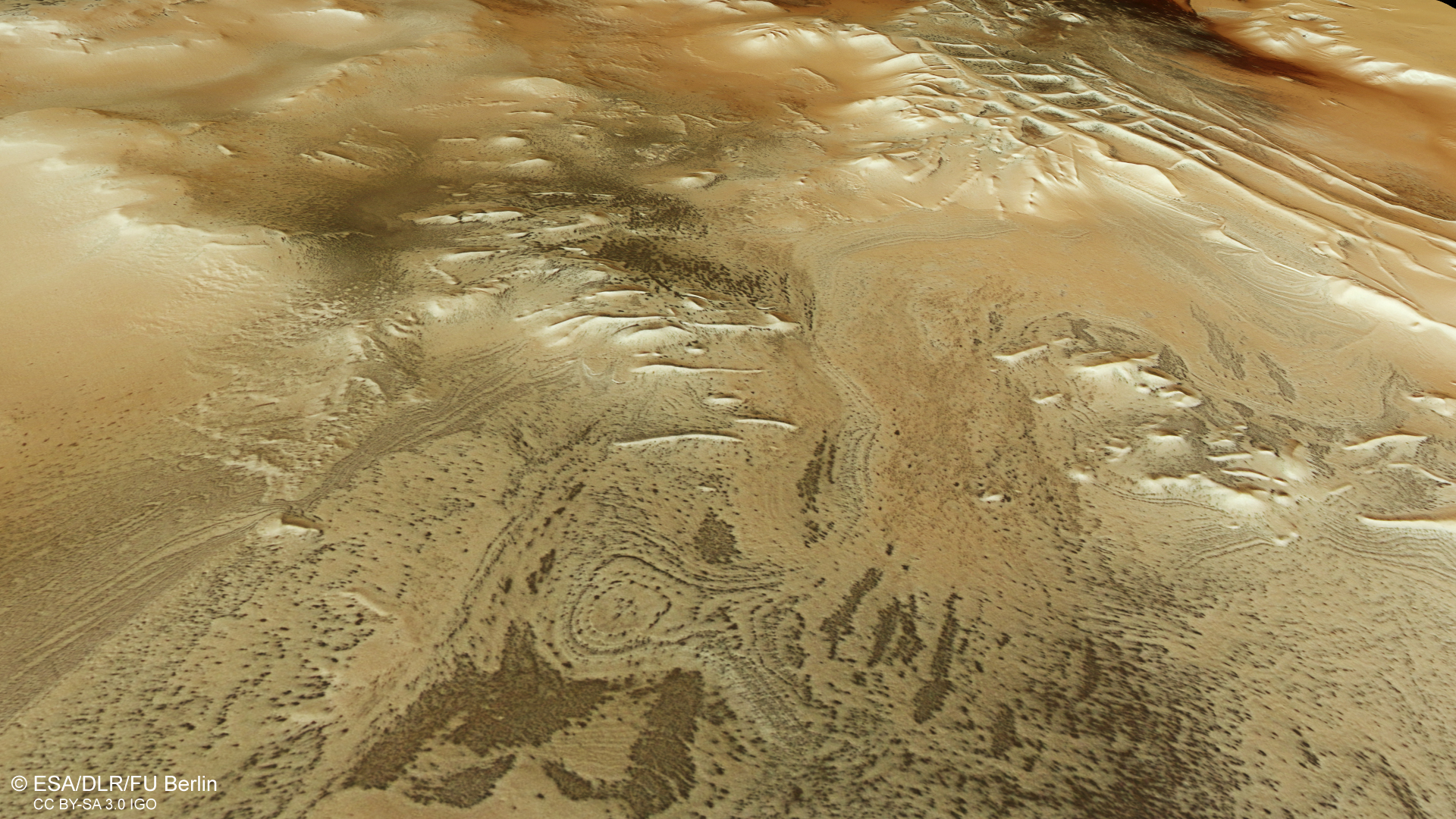 This rectangular image shows part of the martian surface as if the viewer is looking down and across the landscape, with the irregular, mottled ground appearing in swirled tones of brown and tan.