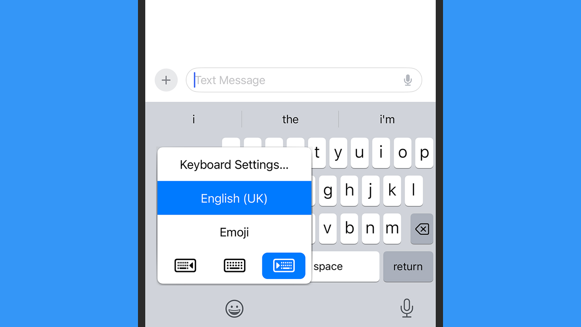 screenshot of iphone one-handed keyboard on blue background