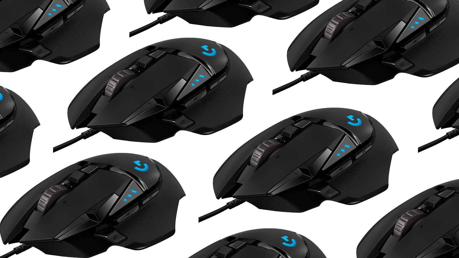 An array of Logitech G502 gaming mice on a plain background